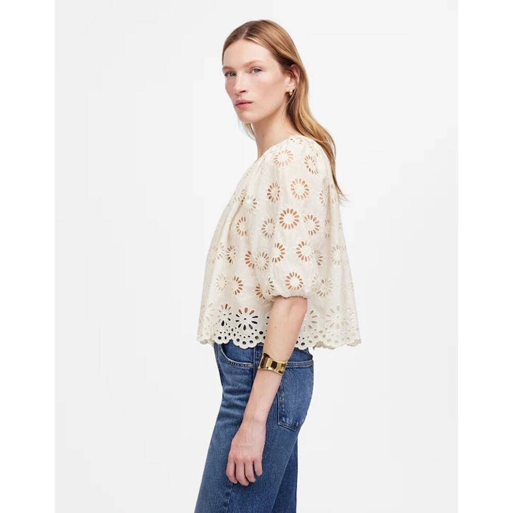 NWT Madewell Embroidered Shirred Puff-Sleeve Top in Floral Eyelet Size XXS - Picture 3 of 9